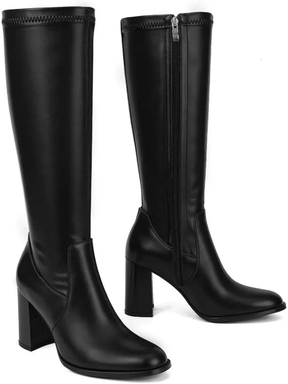 Women's Black Round Toe Side Zip Chunky Heel Fashion Tall Knee High Casual Boot